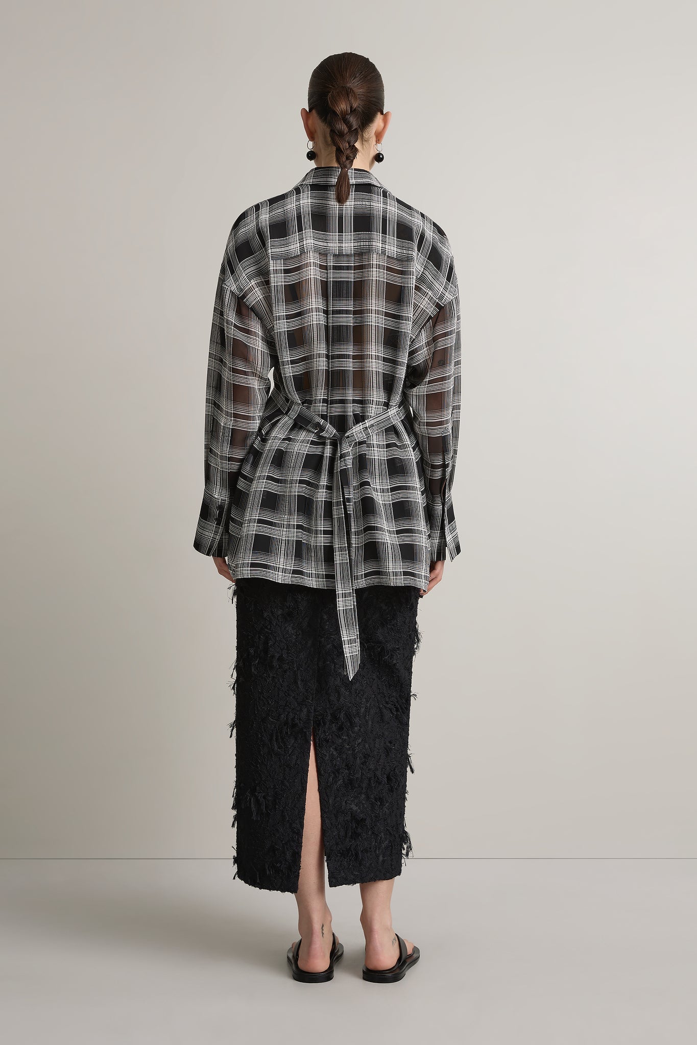 A Emery Joyse Sheer Shirt in Black And White Check - detail view