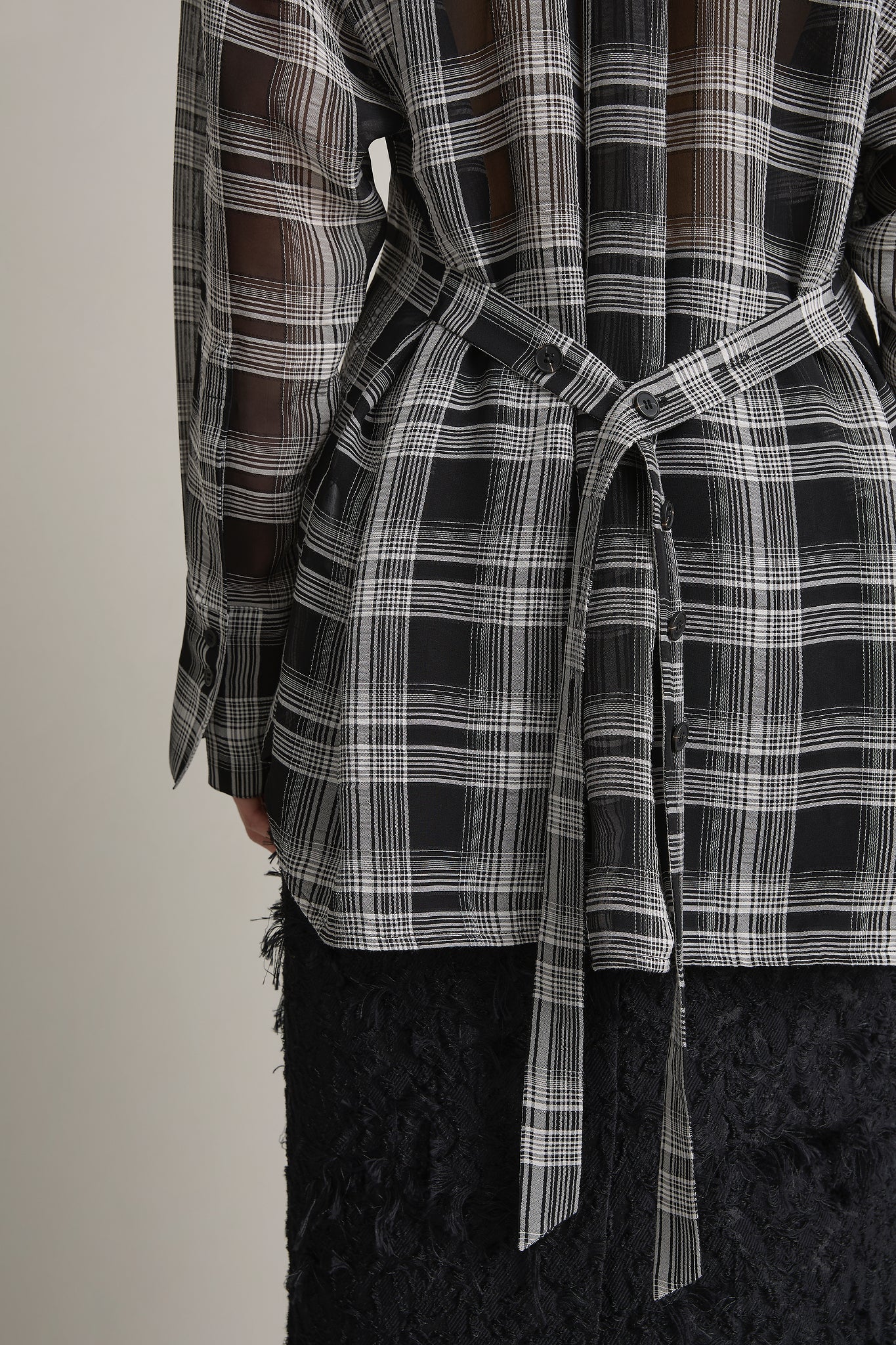 A Emery Joyse Sheer Shirt in Black And White Check - styled look