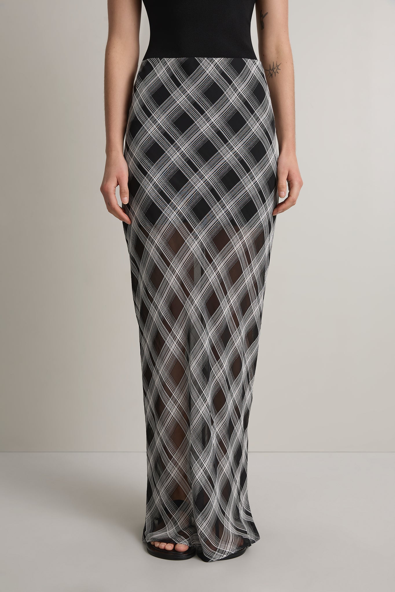 A Emery Reese Sheer Skirt in Black And White Check - styled look