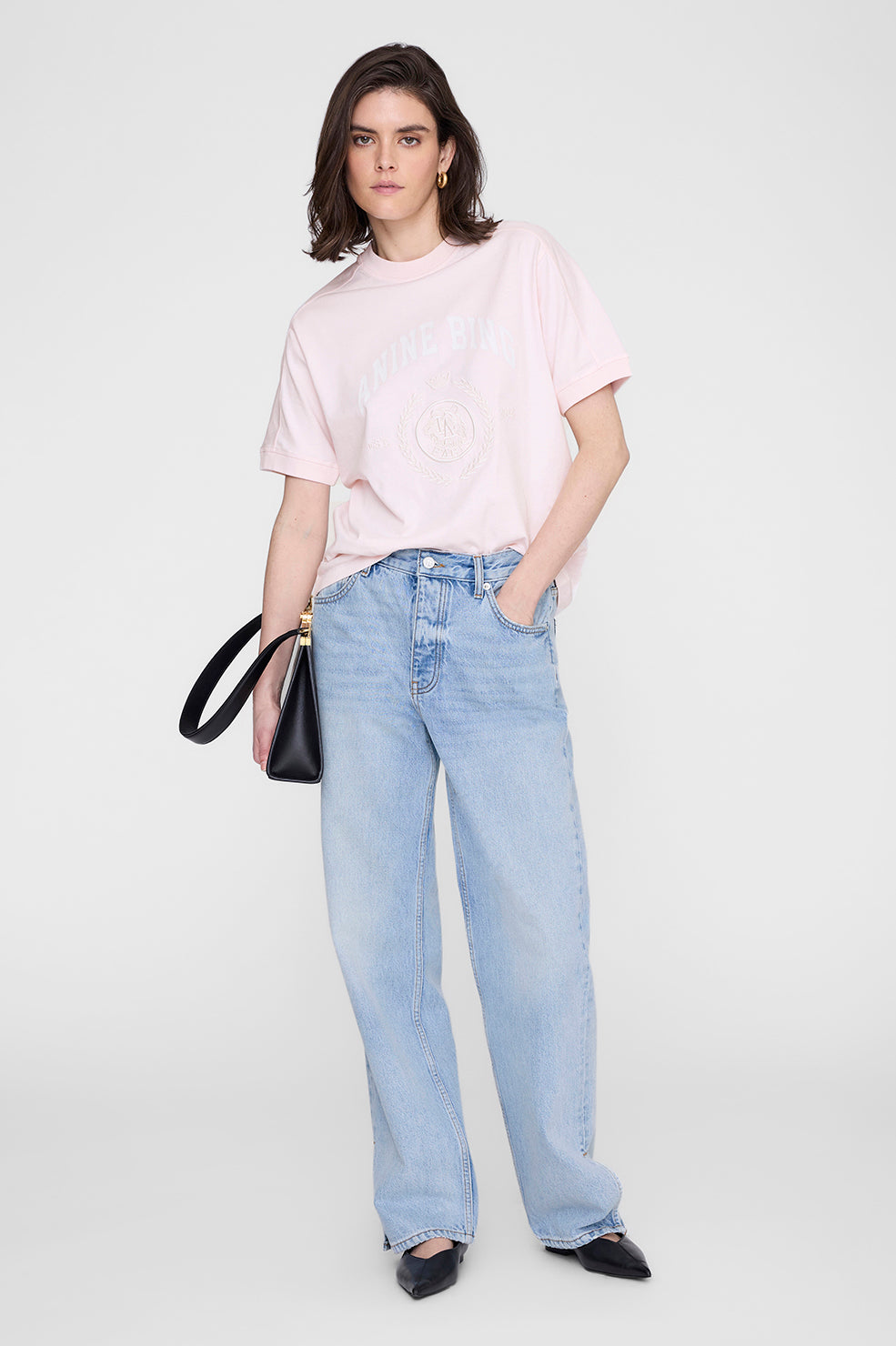 Anine Bing Jaylin Tee Collegiate in Powder Pink - side view