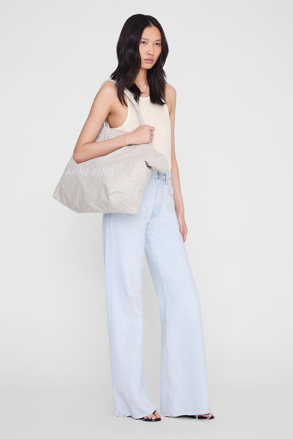 Anine Bing Leo Canvas Tote in Washed White Leopard