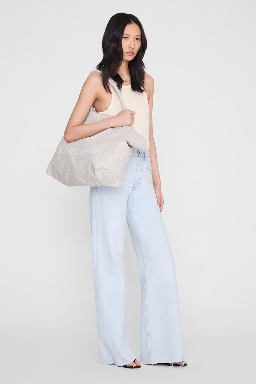 Anine Bing Leo Canvas Tote in Washed White Leopard
