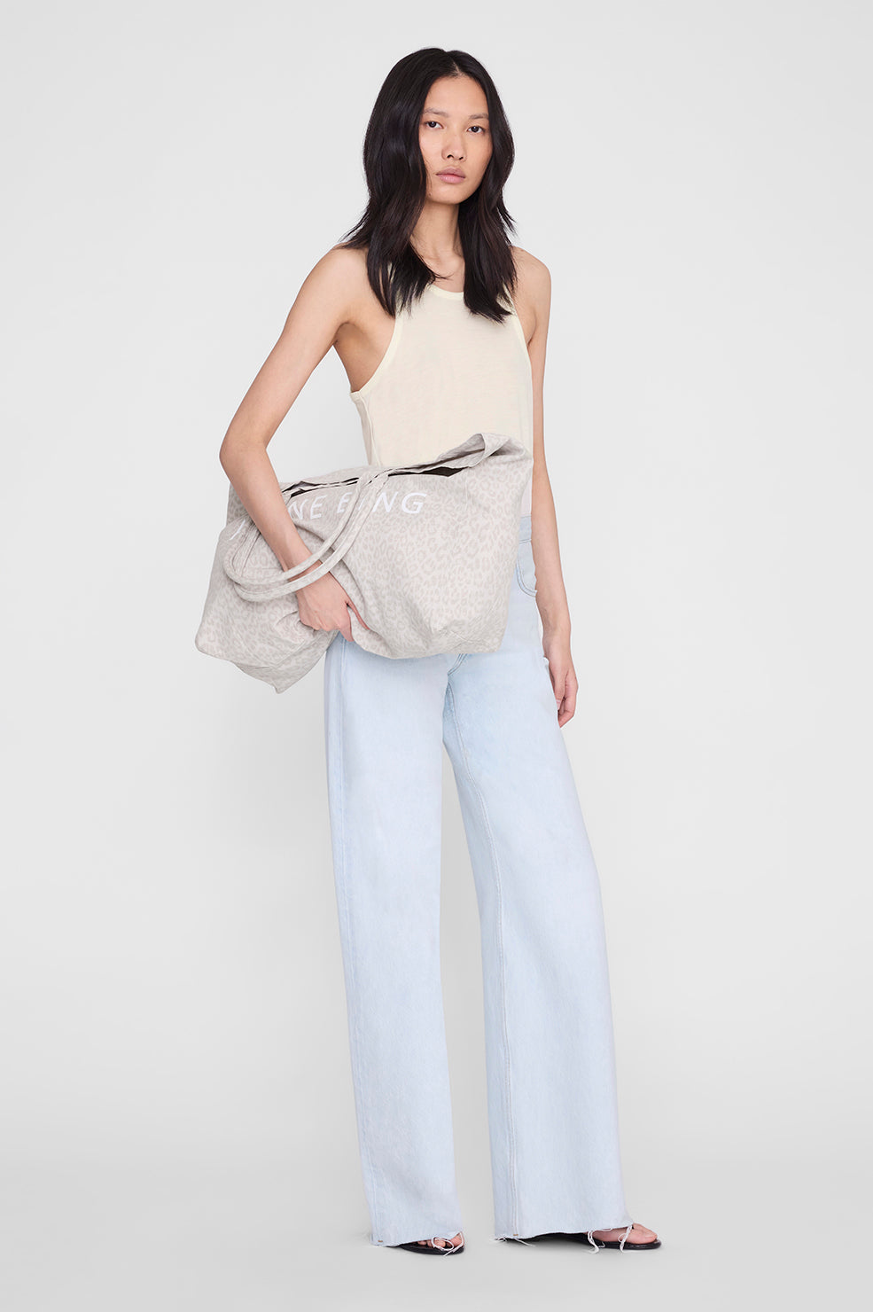 Anine Bing Leo Canvas Tote in Washed White Leopard