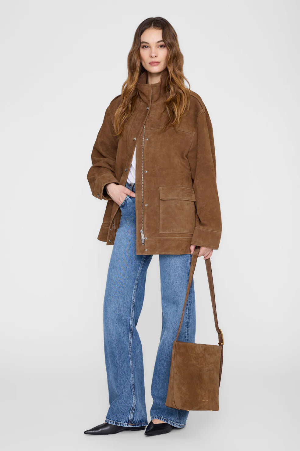 Anine Bing Elly Bucket Bag Suede in Tobacco - side view