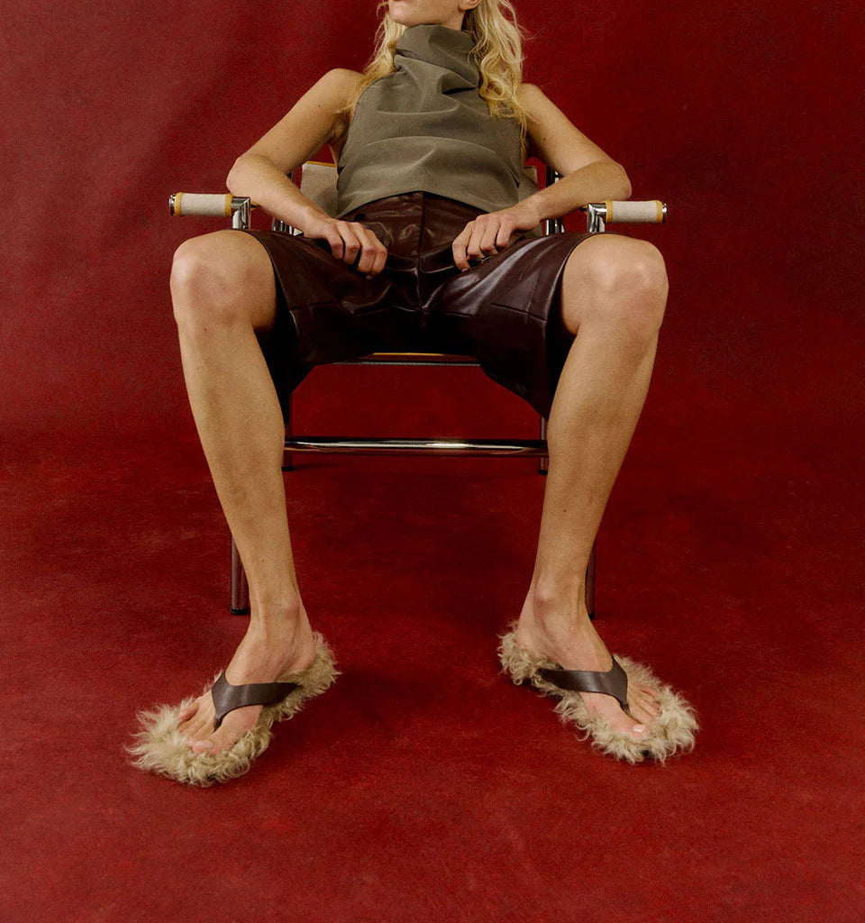 Alias Mae Fella Thong in Chocolate Leather and Shearling