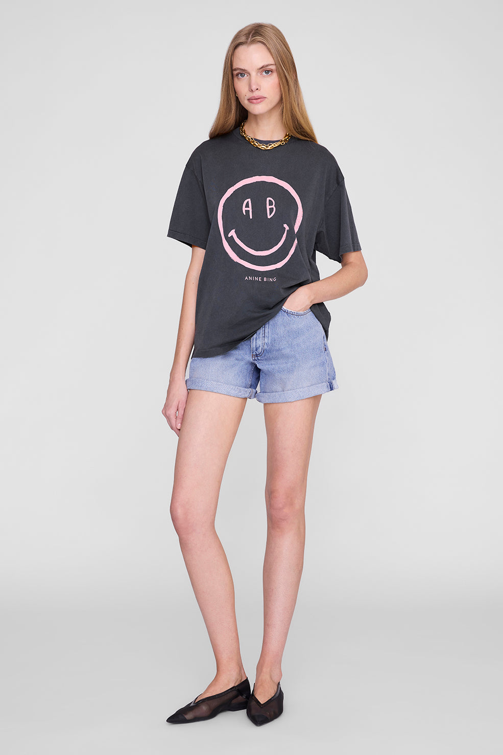 Anine Bing Cade Tee Smiley in Washed Grey - side view