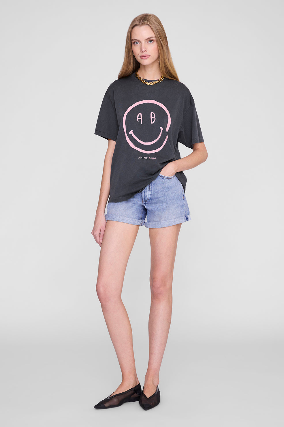 Anine Bing Cade Tee Smiley in Washed Grey - side view