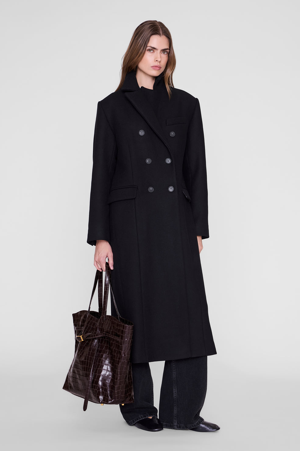 Anine Bing Elly Embossed Tote in Dark Brown - side view