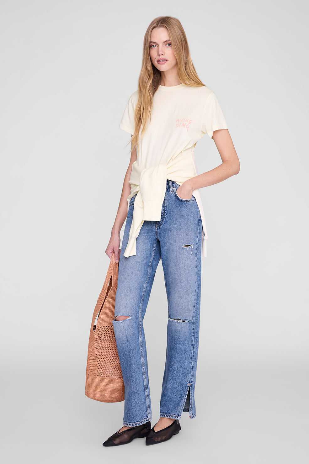 Anine Bing Shelley Tee Surfer in Washed Buttercream - side view