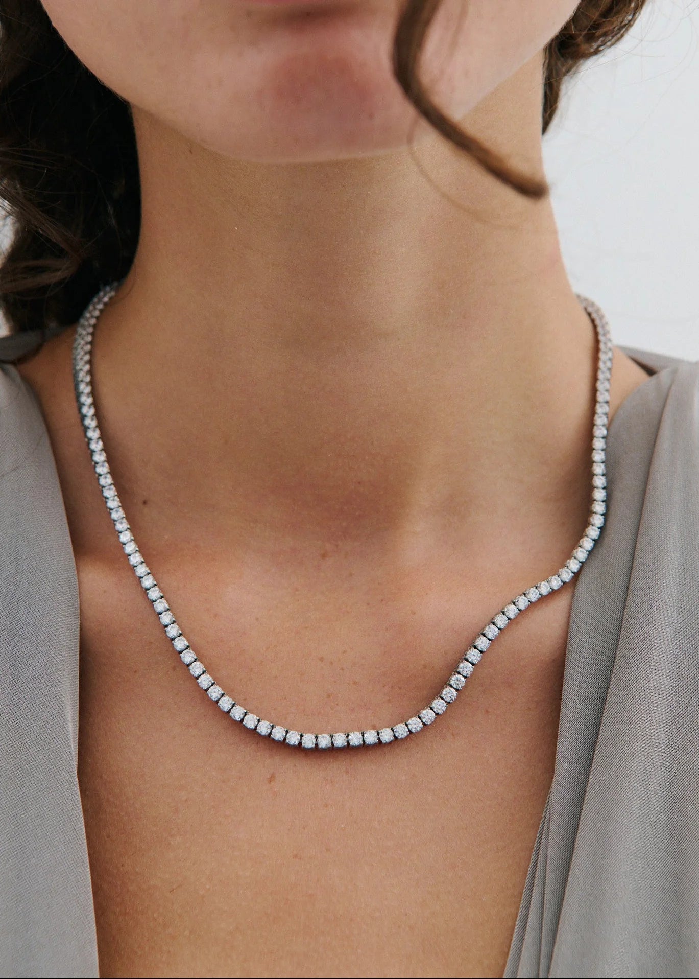 Anna Rossi Classic Diamante Tennis Necklace in Rhodium Silver - side view