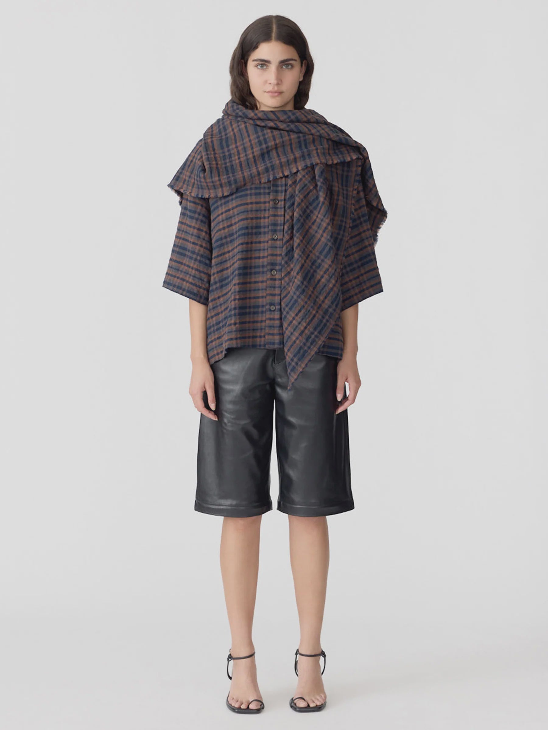 Bassike Texture Check Scarf in Brown and Ink Check