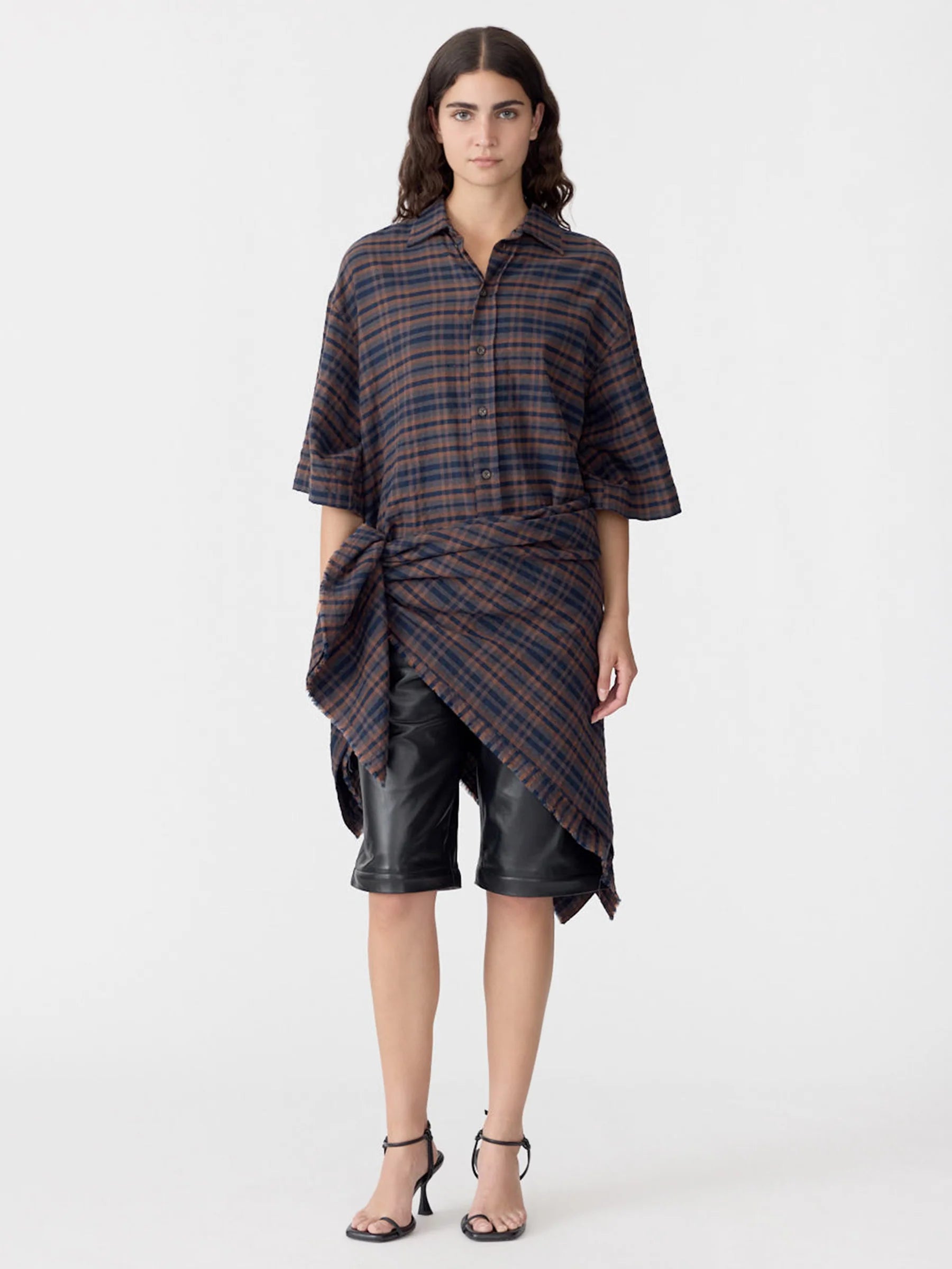 Bassike Texture Check Scarf in Brown and Ink Check