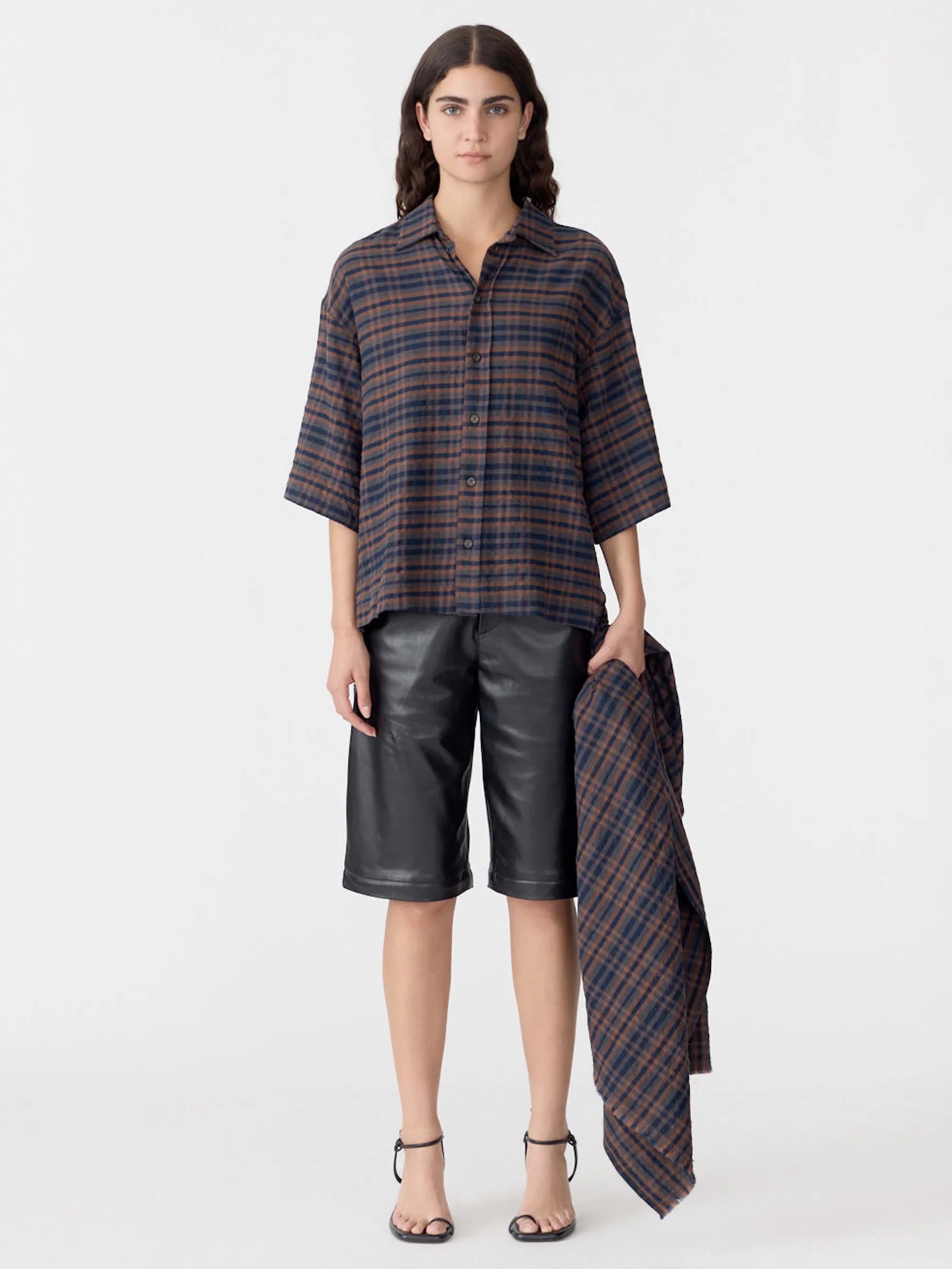 Bassike Texture Check Scarf in Brown and Ink Check