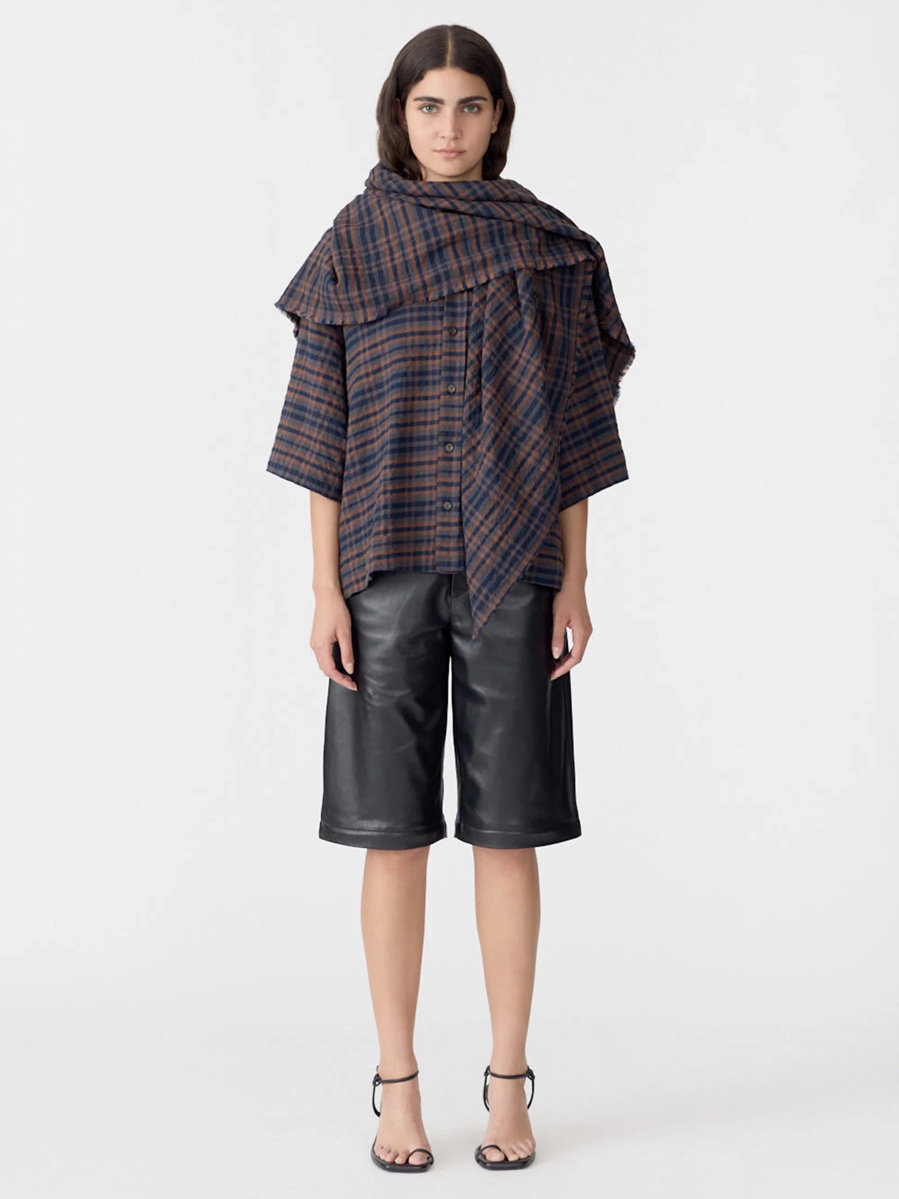 Bassike Texture Check Scarf in Brown and Ink Check