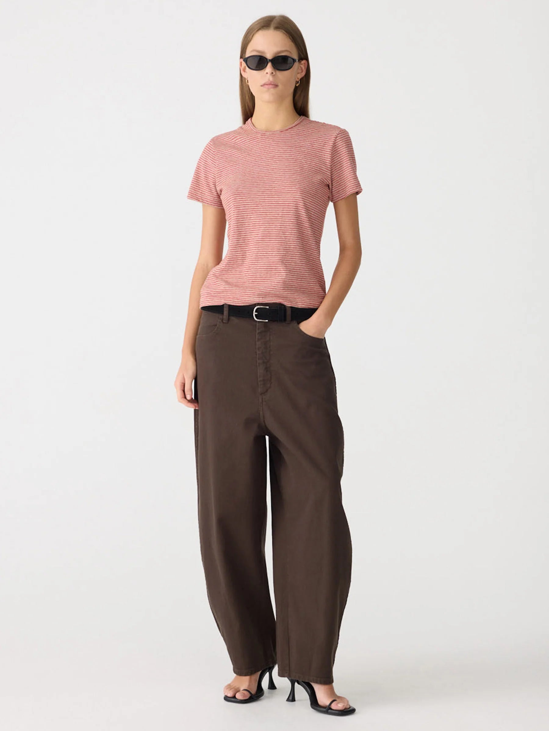 Bassike Stripe Heritage T-Shirt in Red and Natural and Olive