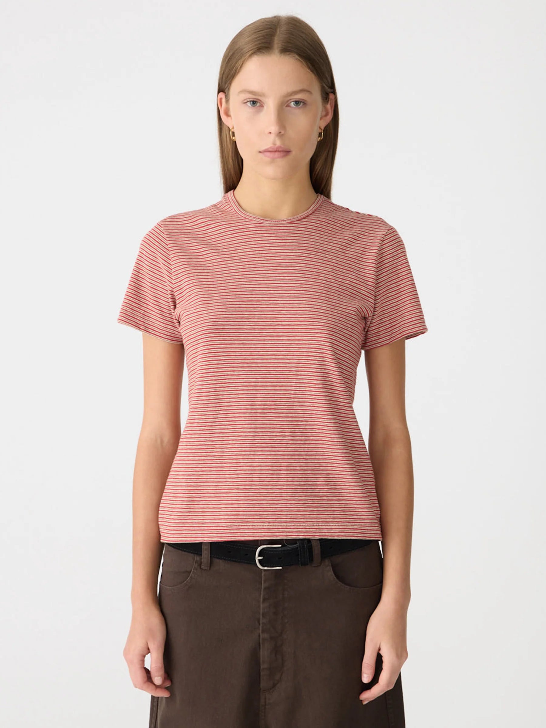 Bassike Stripe Heritage T-Shirt in Red and Natural and Olive