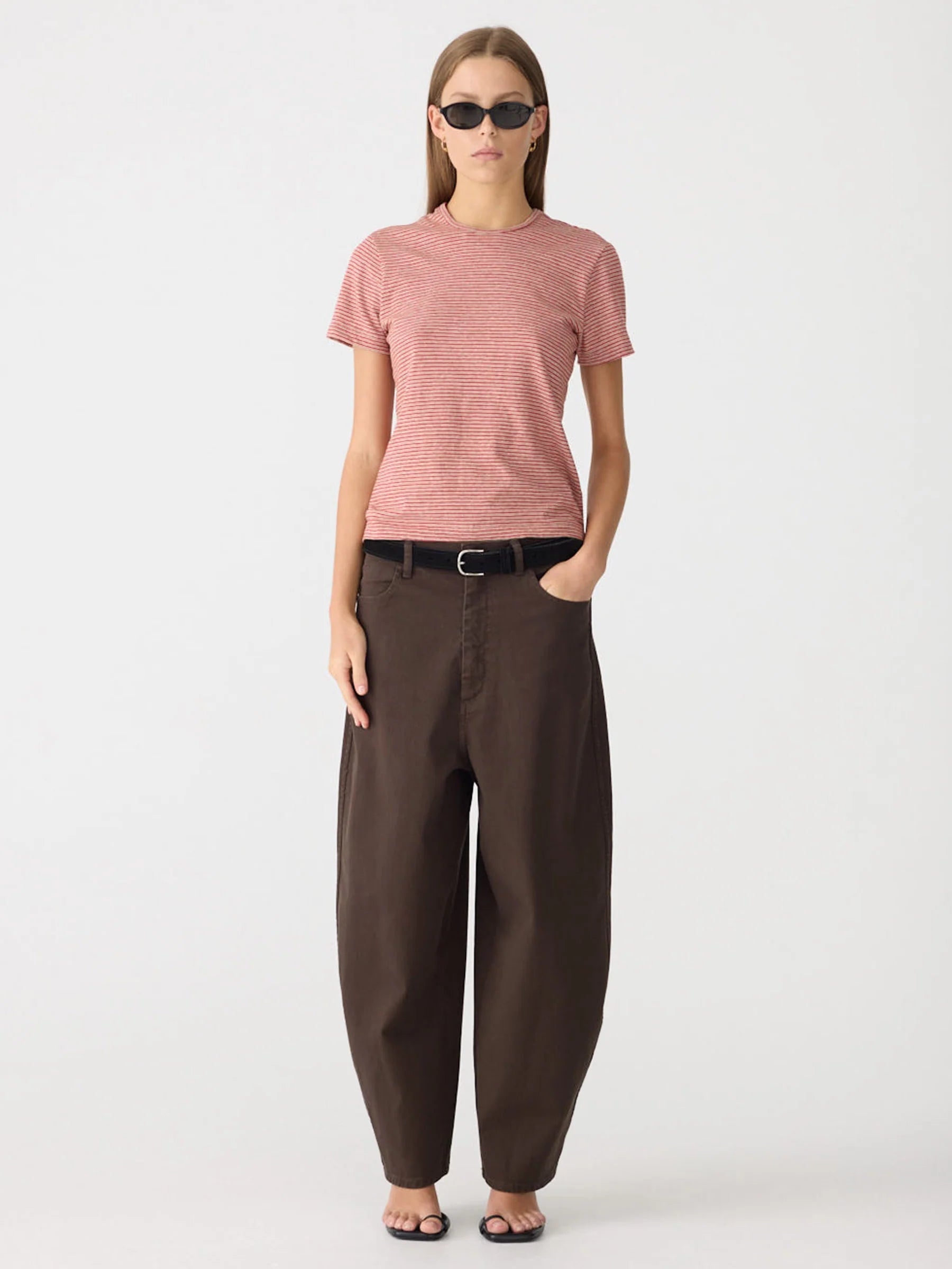 Bassike Stripe Heritage T-Shirt in Red and Natural and Olive