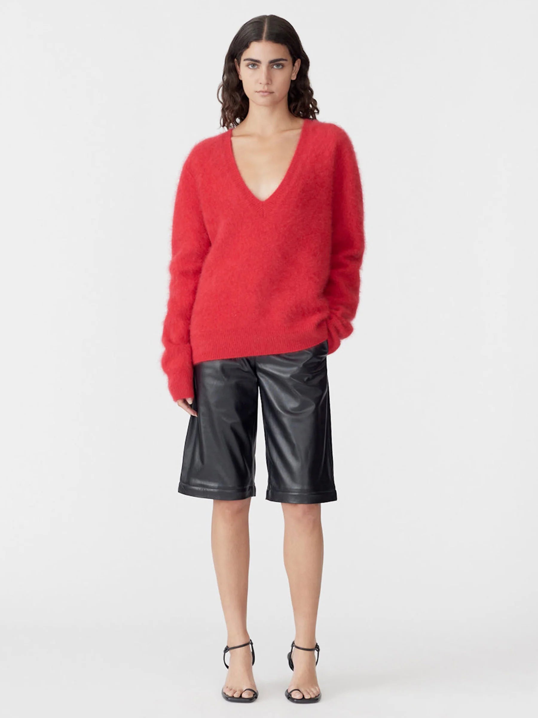 Bassike Deep V Textured Knit in Red