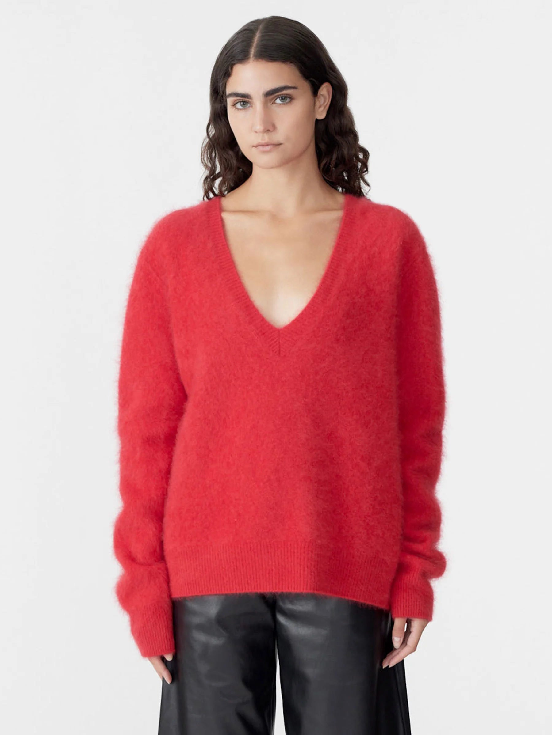 Bassike Deep V Textured Knit in Red