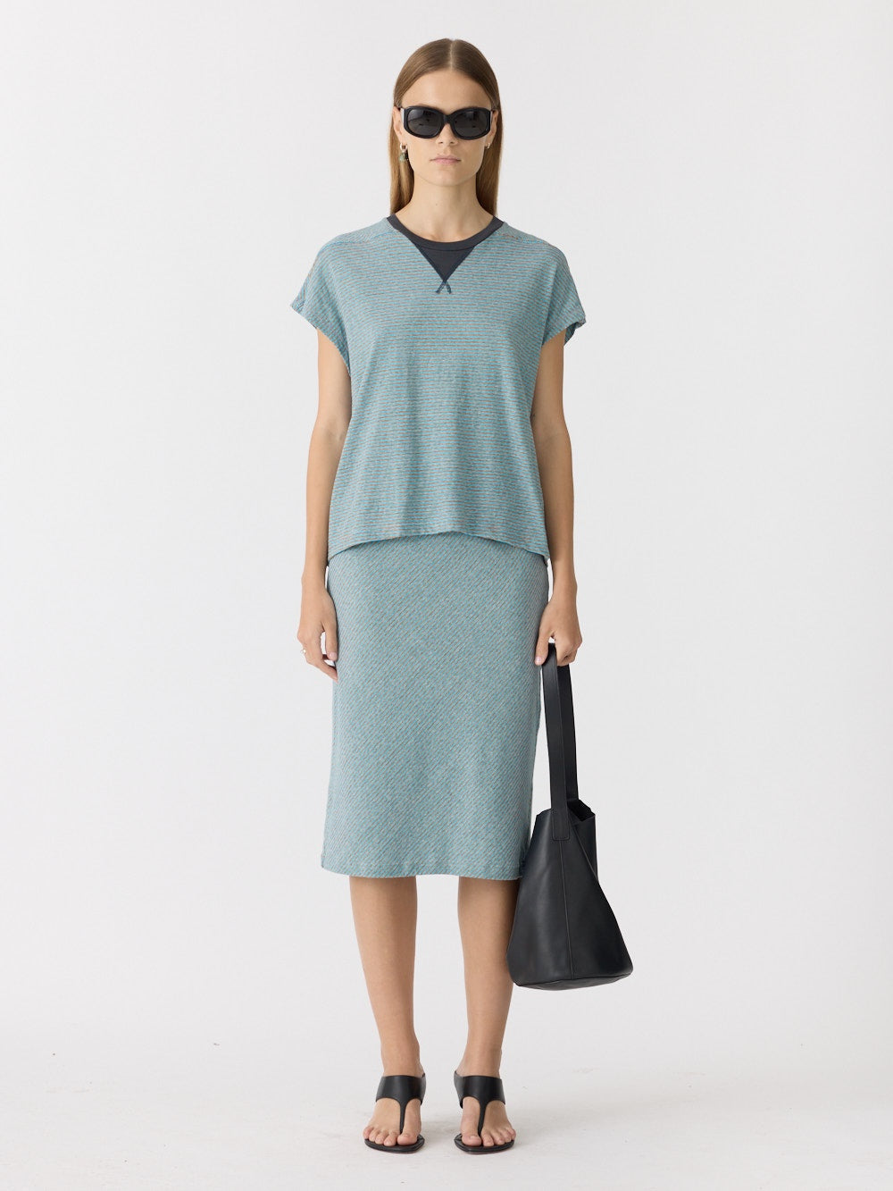 Bassike Bias Stripe Skirt in Blue and Brown Stripe