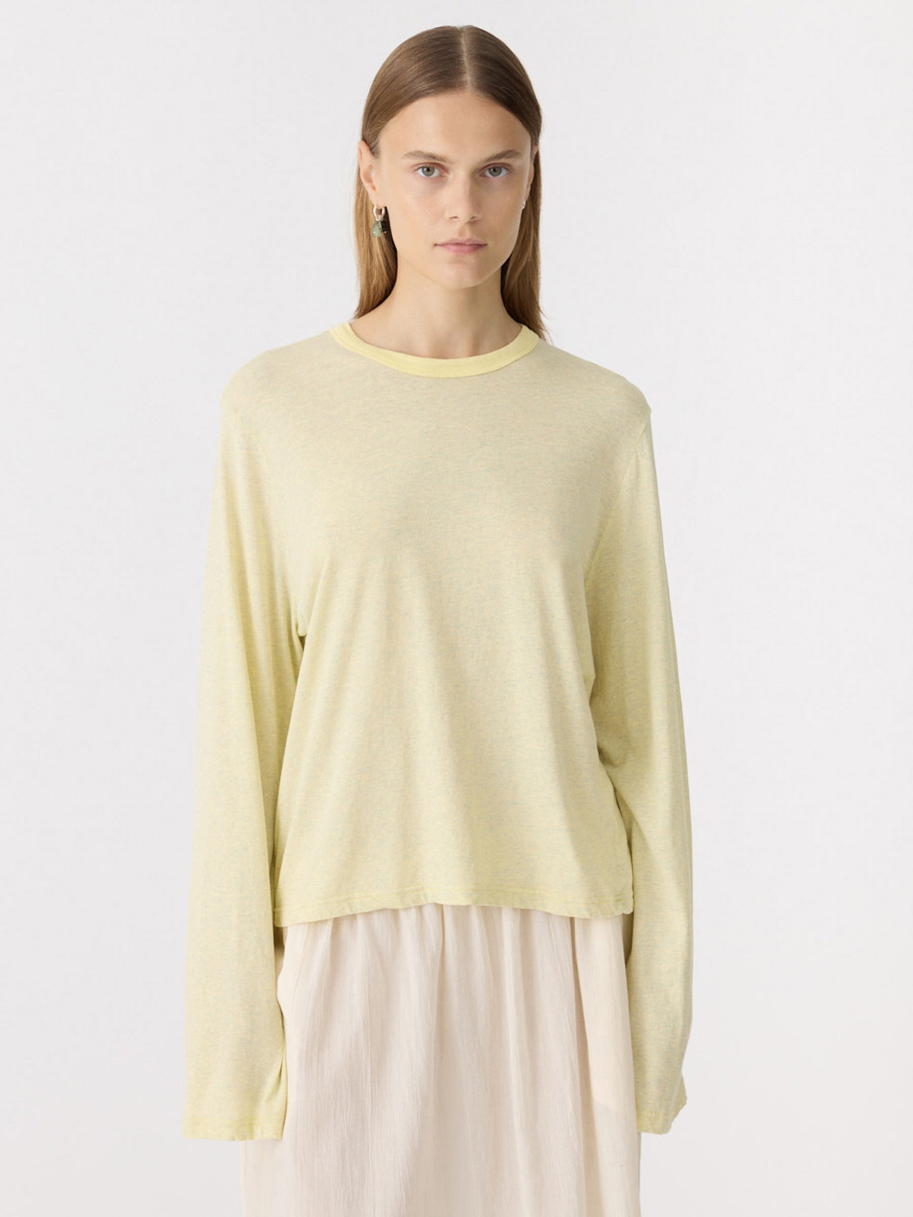 Bassike Boxy Wide Sleeve Long Sleeve T-Shirt in Pale Yellow Marl - side view