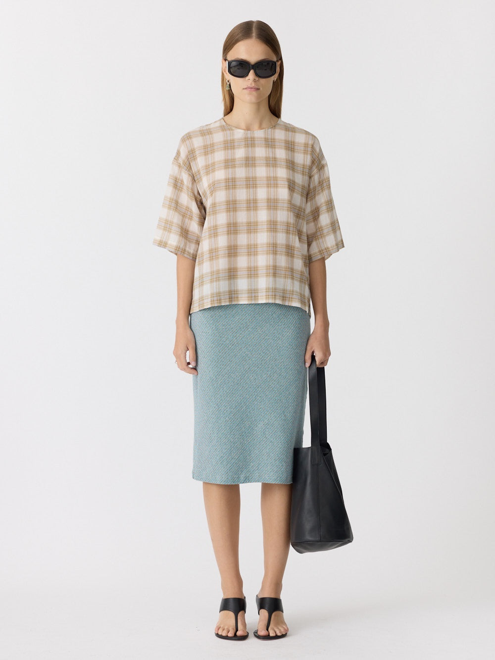 Bassike Check Boxy Top in Taupe Check