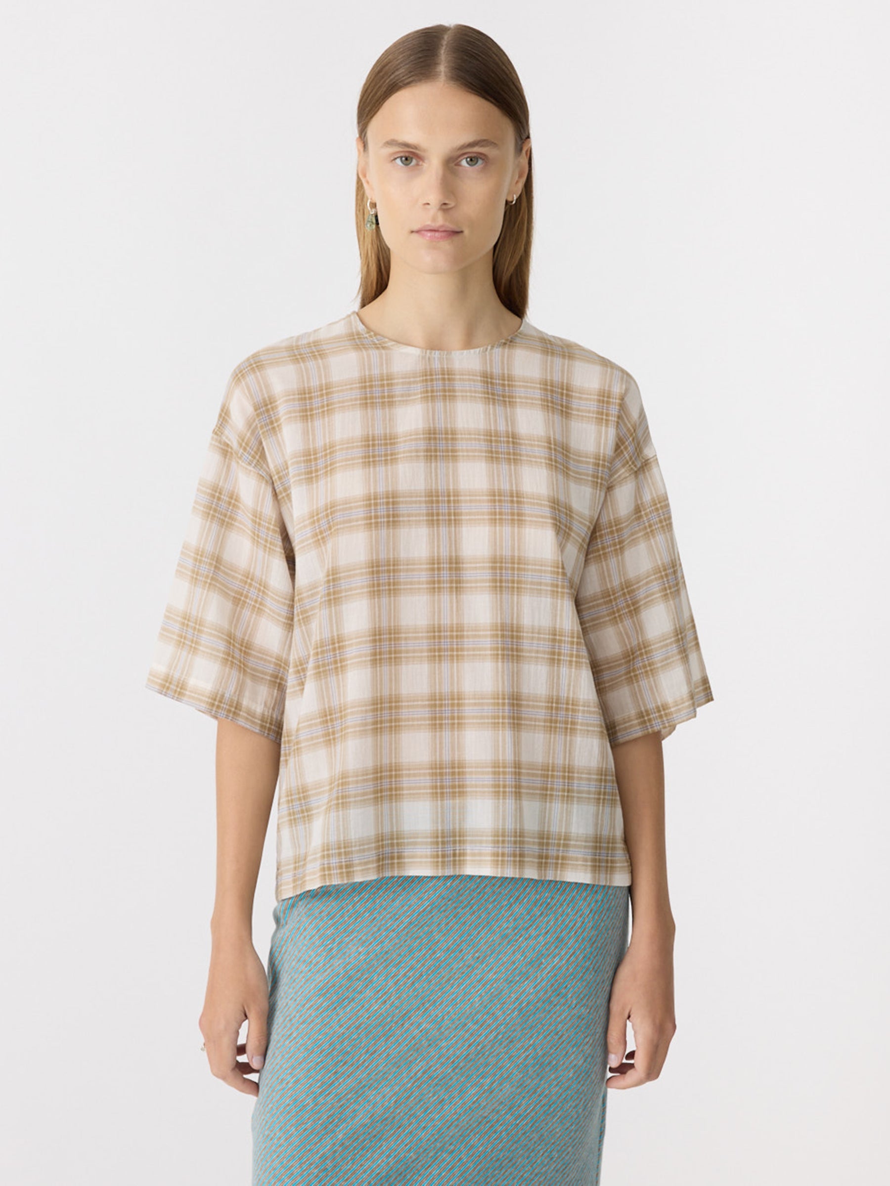 Bassike Check Boxy Top in Taupe Check - side view