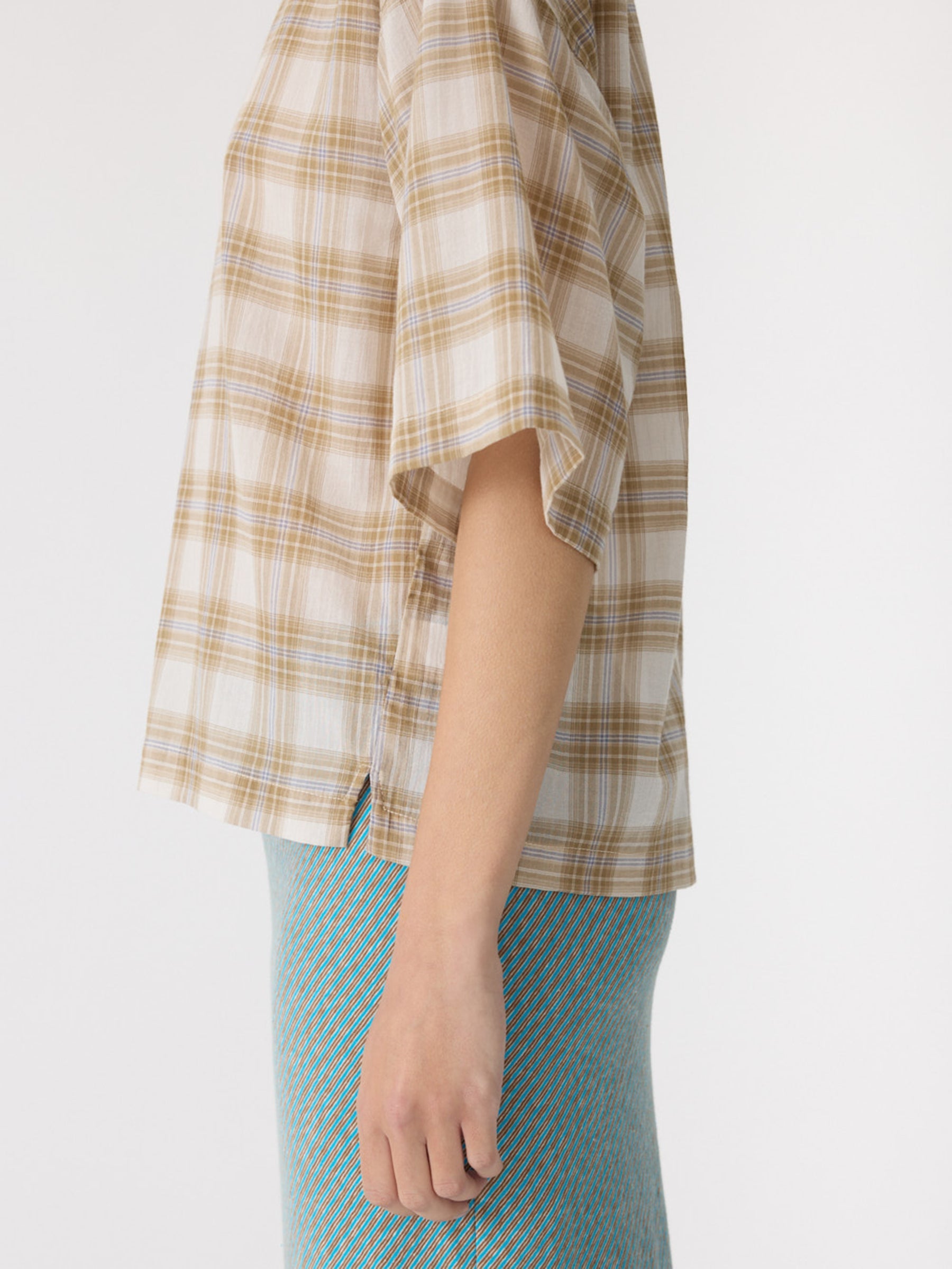 Bassike Check Boxy Top in Taupe Check - detail view