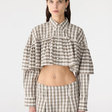 Bassike Check Frill Shirt in Stone and Charcoal and Tan Check