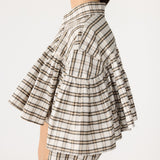 Bassike Check Frill Shirt in Stone and Charcoal and Tan Check