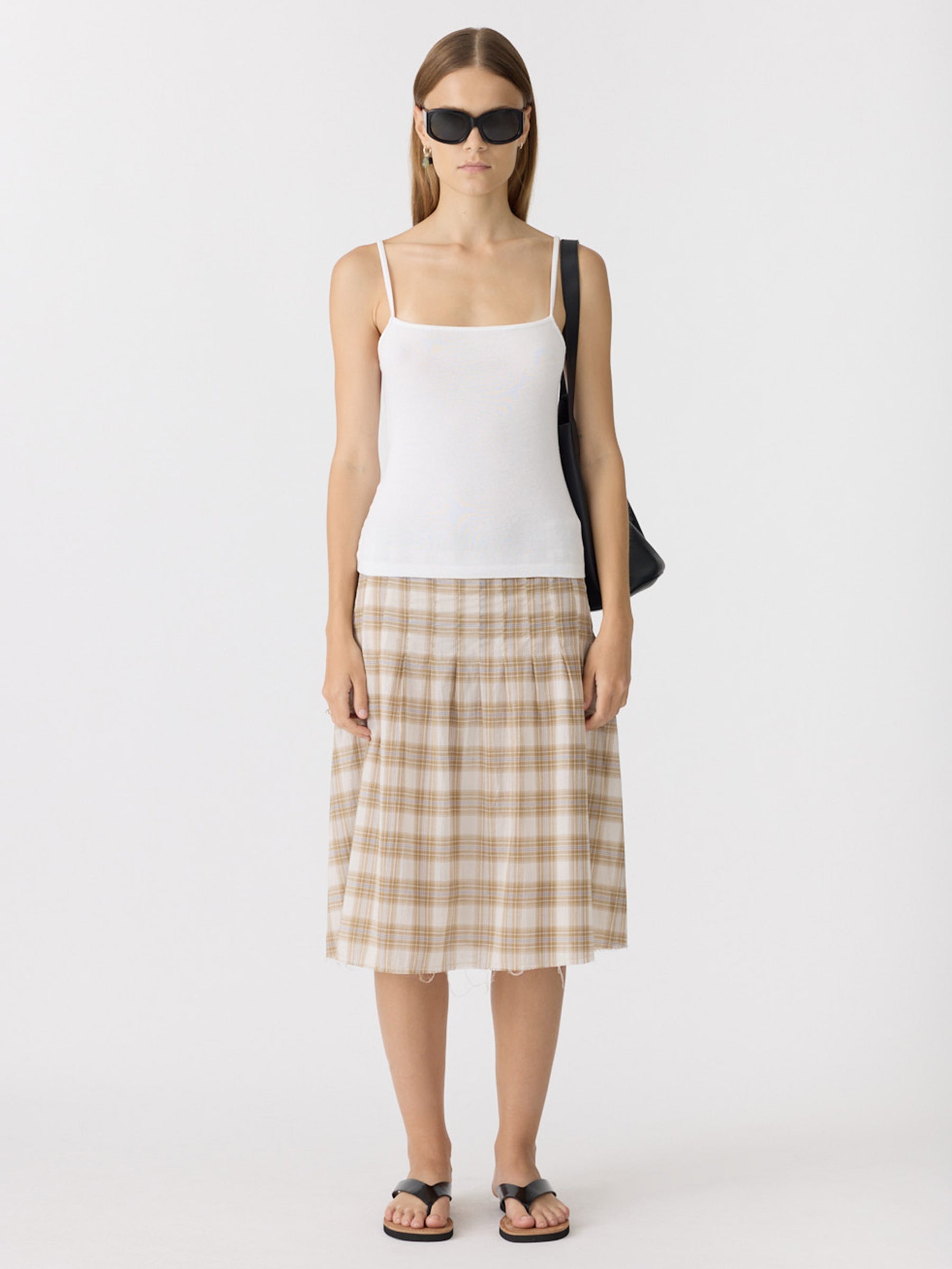 Bassike Check Pleat Pintstitch Skirt in Taupe Check
