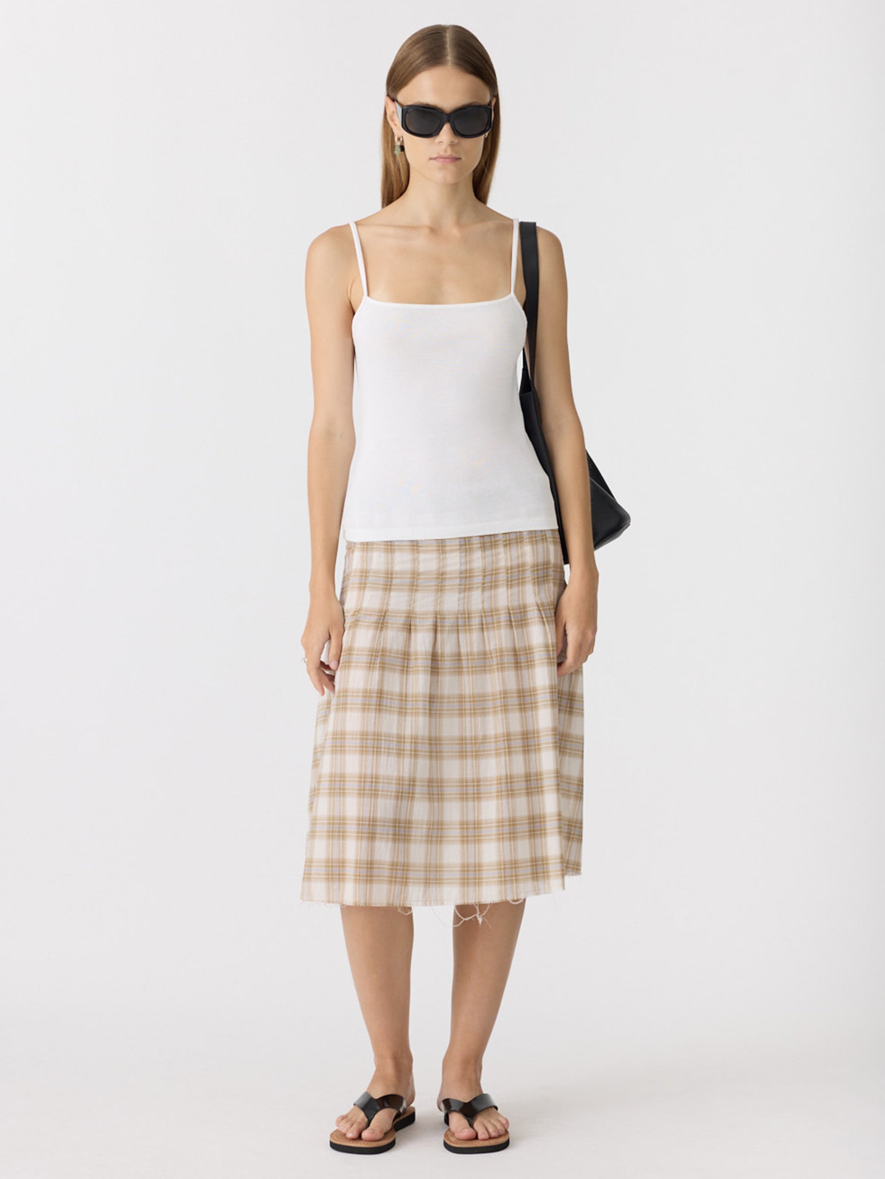 Bassike Check Pleat Pintstitch Skirt in Taupe Check - side view