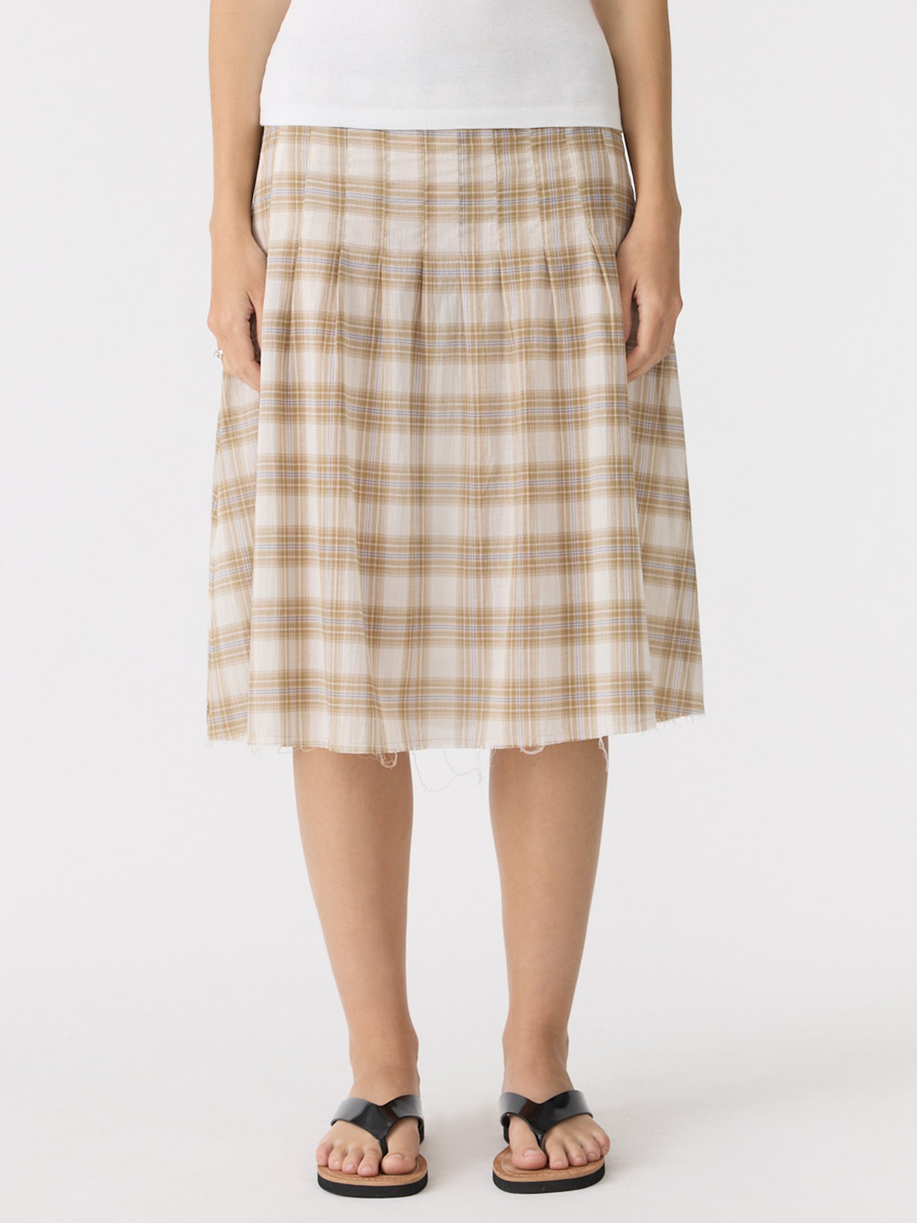 Bassike Check Pleat Pintstitch Skirt in Taupe Check - detail view