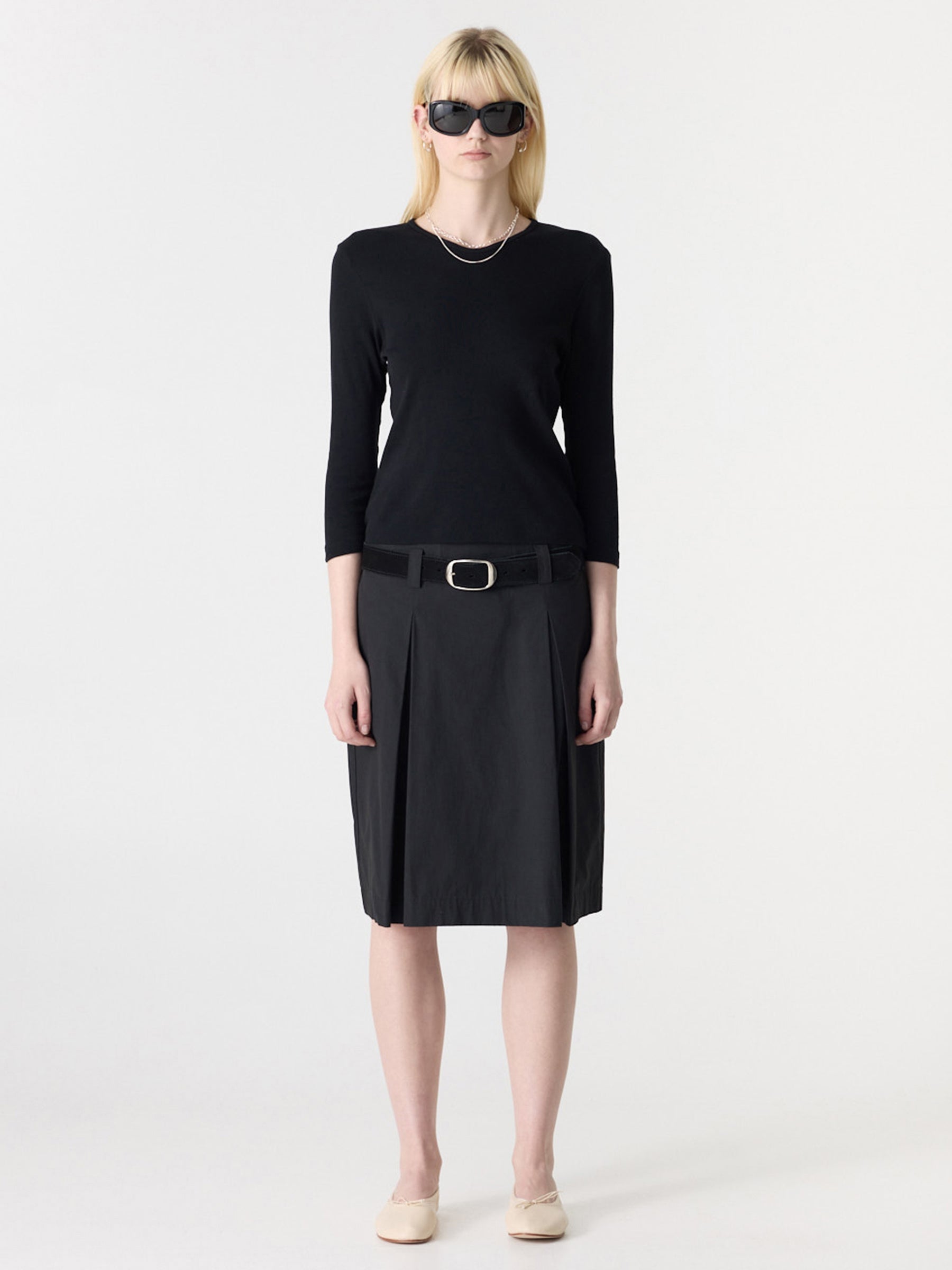 Bassike Crushed Cotton Box Pleat Skirt in Black