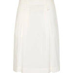An off-white A-line skirt with structured waist detailing, shown against a solid light gray background.