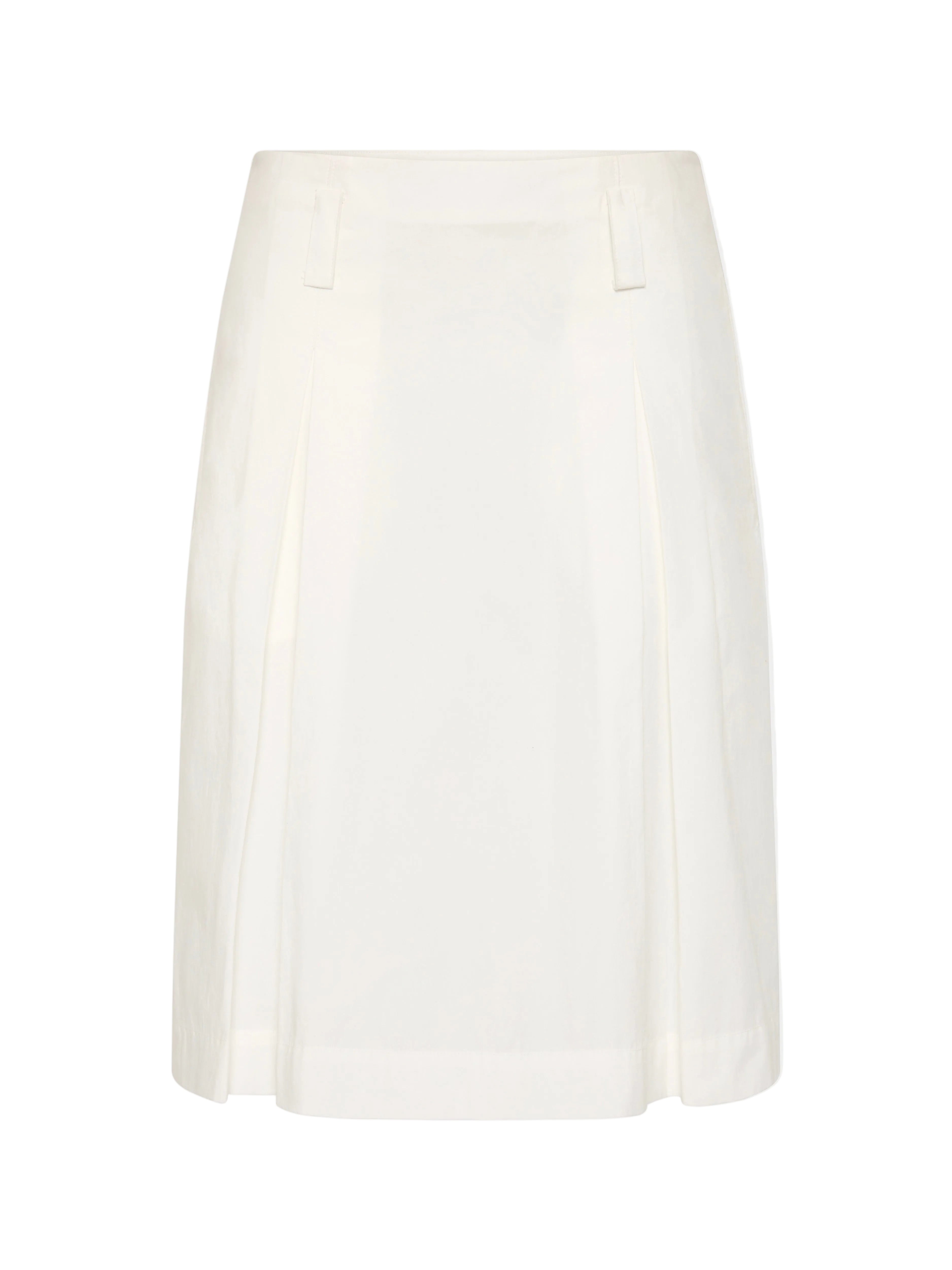 An off-white A-line skirt with structured waist detailing, shown against a solid light gray background.