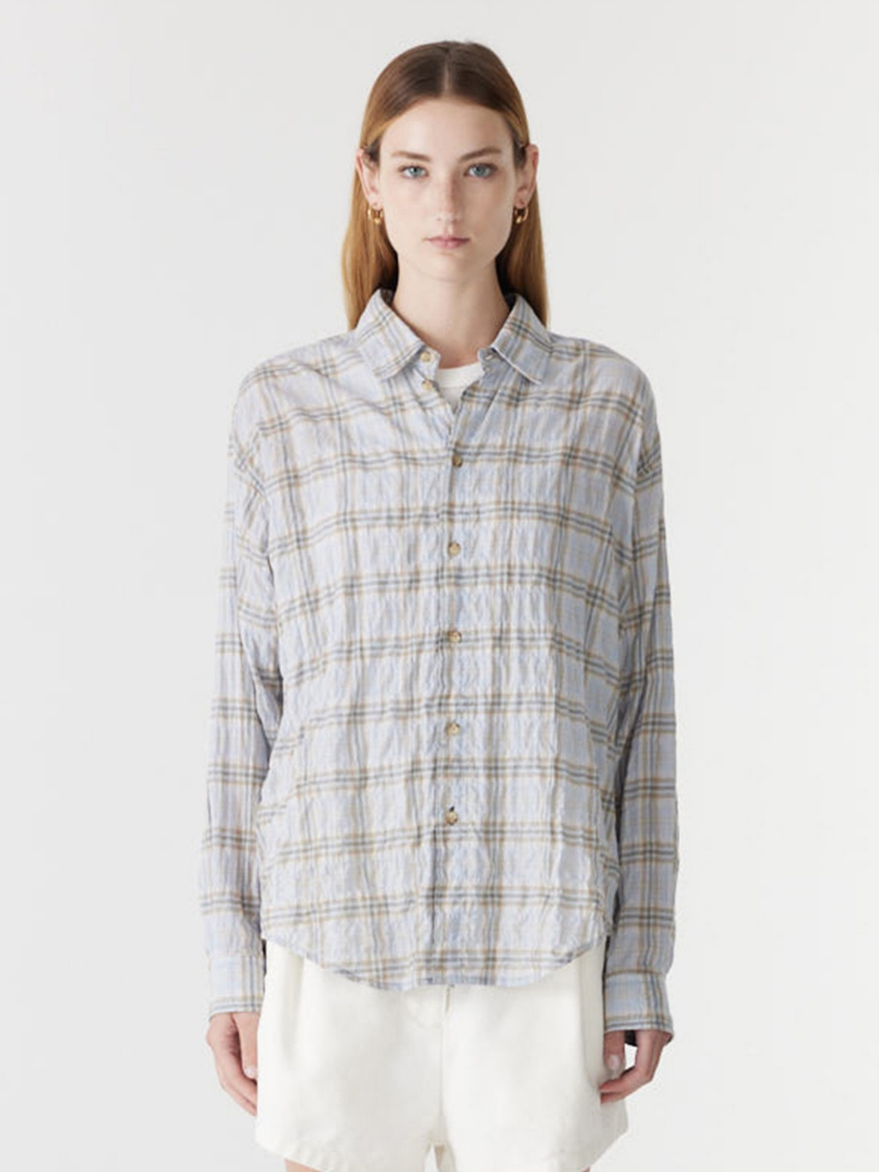 Bassike Light Check Boxy Shirt in Blue Check - side view