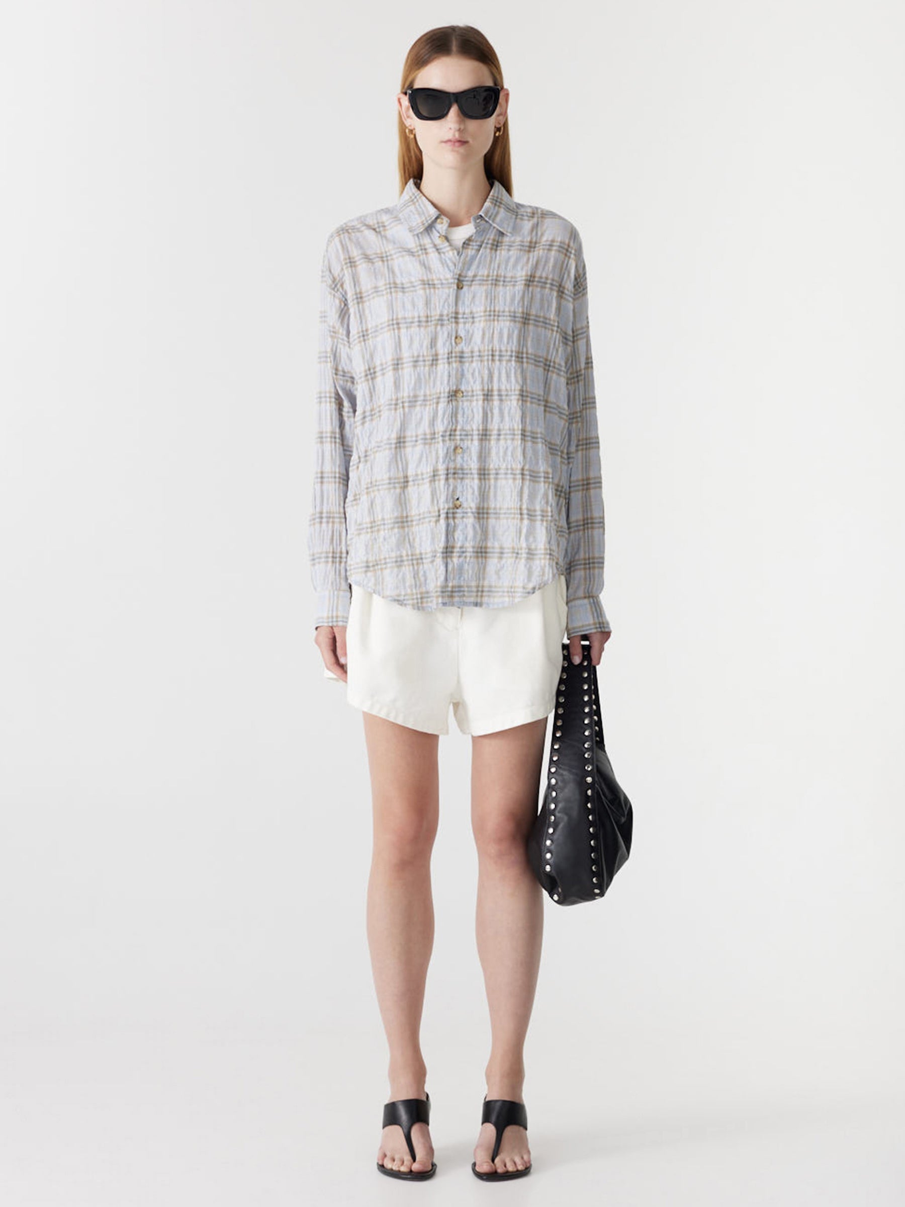 Bassike Light Check Boxy Shirt in Blue Check - detail view