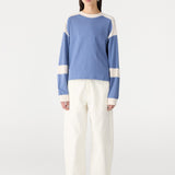 Bassike Long Sleeve Slouch Panelled T-Shirt in Vintage Blue and Ecru