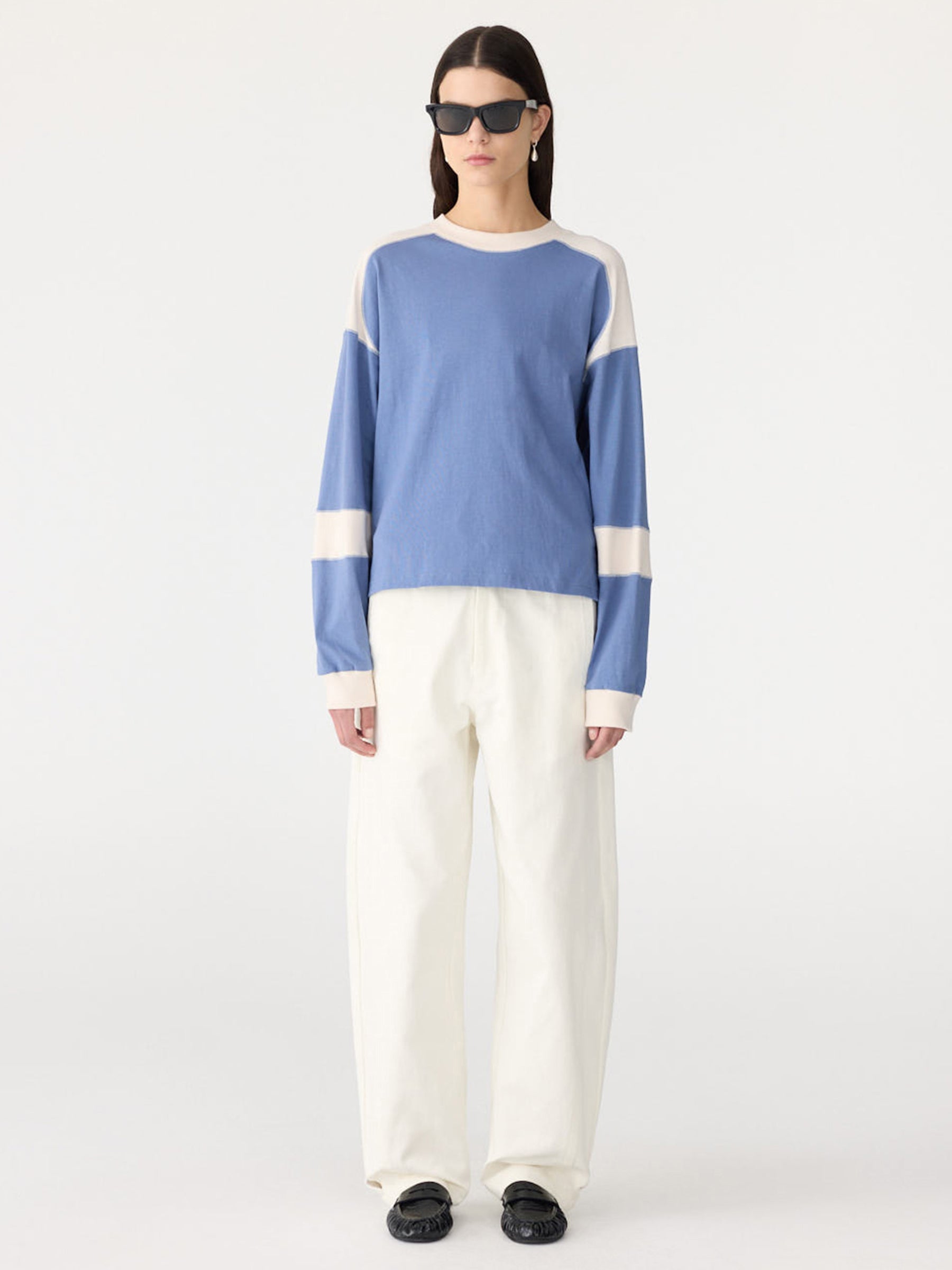 Bassike Long Sleeve Slouch Panelled T-Shirt in Vintage Blue and Ecru - side view