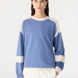 Bassike Long Sleeve Slouch Panelled T-Shirt in Vintage Blue and Ecru