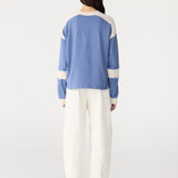 Bassike Long Sleeve Slouch Panelled T-Shirt in Vintage Blue and Ecru