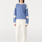 Bassike Long Sleeve Slouch Panelled T-Shirt in Vintage Blue and Ecru