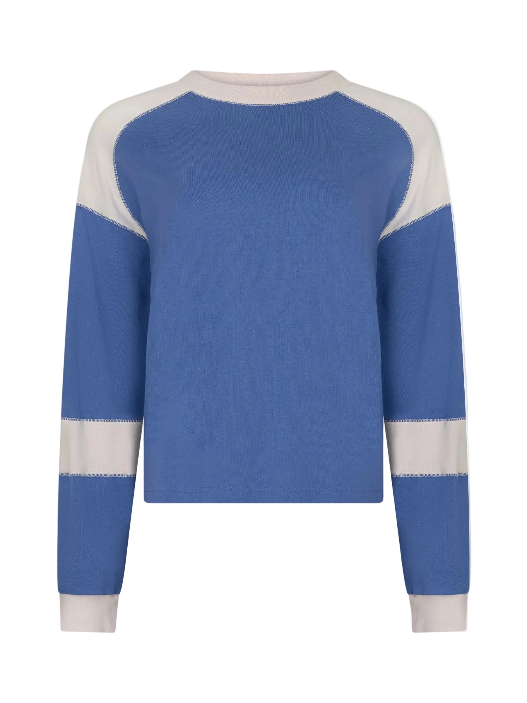 Bassike Long Sleeve Slouch Panelled T-Shirt in Vintage Blue and Ecru