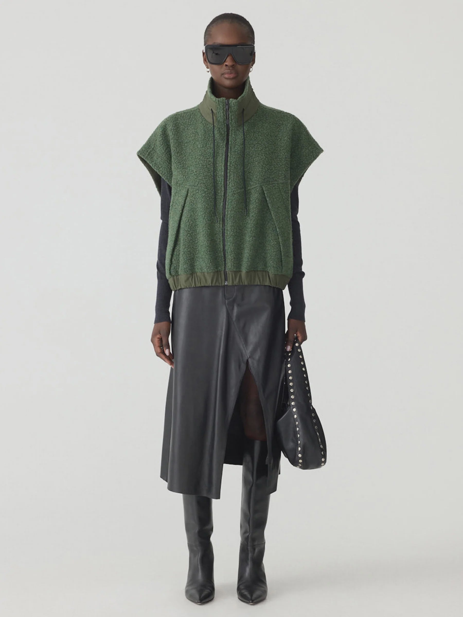 Bassike Textured Wool Popover Vest in Dark Green