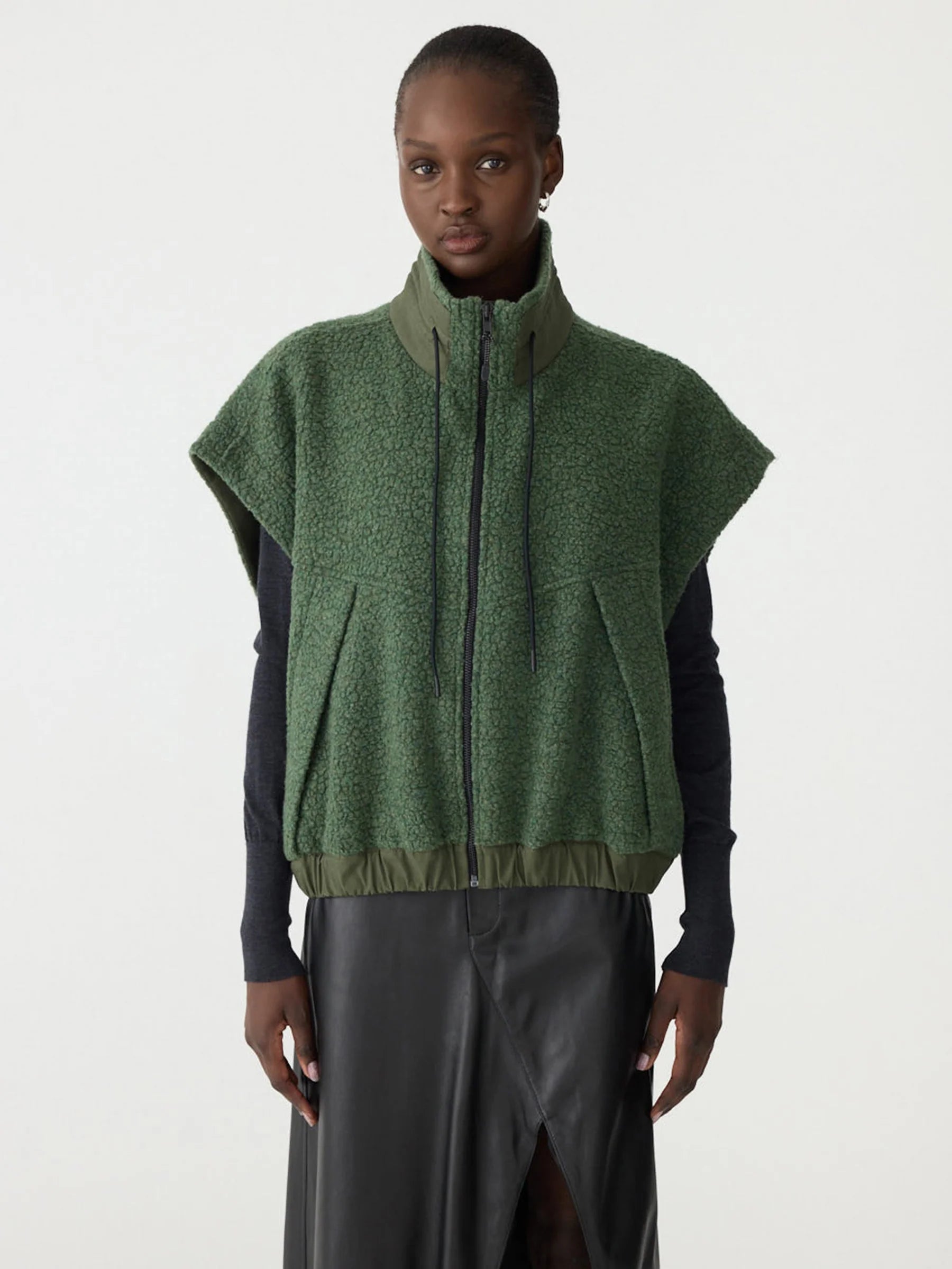 Bassike Textured Wool Popover Vest in Dark Green - styled look