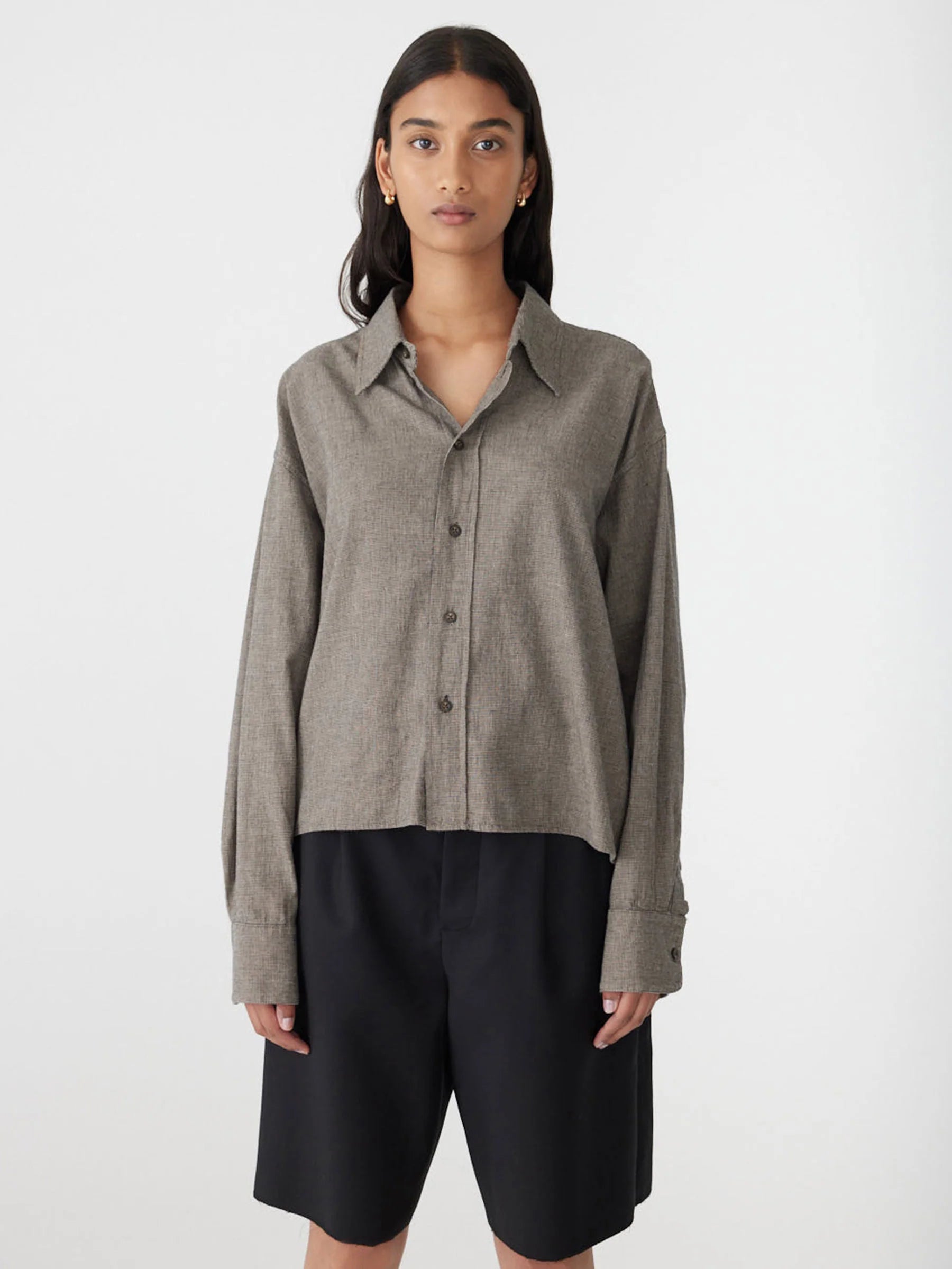 Bassike Mini Houndstooth Crop Shirt in Black and Natural