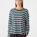 Bassike Stripe Boyfriend Long Sleeve T-Shirt in Dark Forest and Burgundy and White