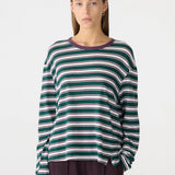 Bassike Stripe Boyfriend Long Sleeve T-Shirt in Dark Forest and Burgundy and White