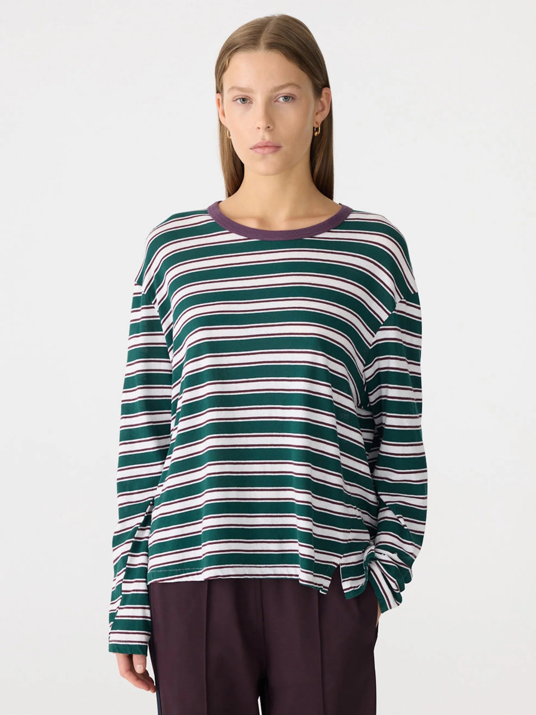 Bassike Stripe Boyfriend Long Sleeve T-Shirt in Dark Forest and Burgundy and White